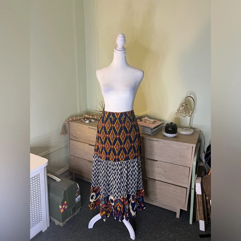 Navy Mixed Tribal & Chevron Print Midi Maxi Flowy Boho Relaxed Fit Skirt Sz XL - Picture 9 of 15